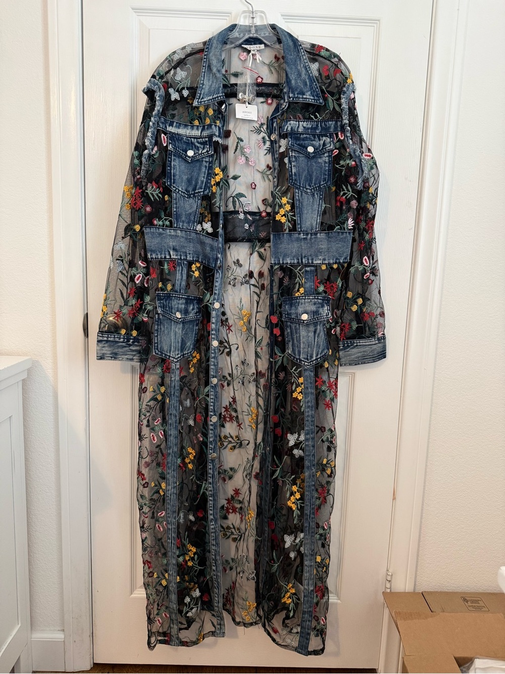 Adore Black Sheer Floral Long Jacket with Denim Trim